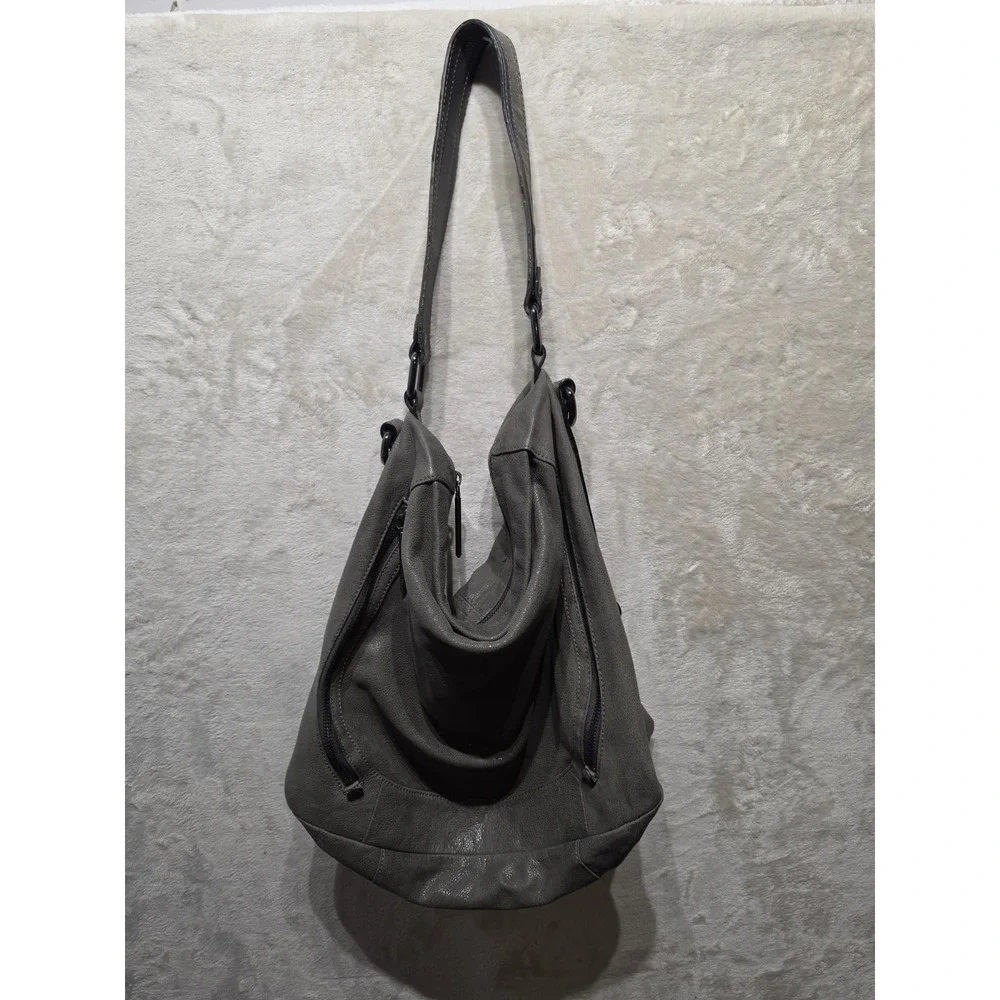 Elliott Lucca Gray Pebbled Leather Slouchy Hobo Shoulder Bag Crossbody‎ Large